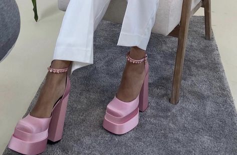 Pink Versace Heels, Versace Heels, Heels Aesthetic, Versace Shoes, Aesthetic Pink, Dream Wardrobe, Versace, Chanel, Prom