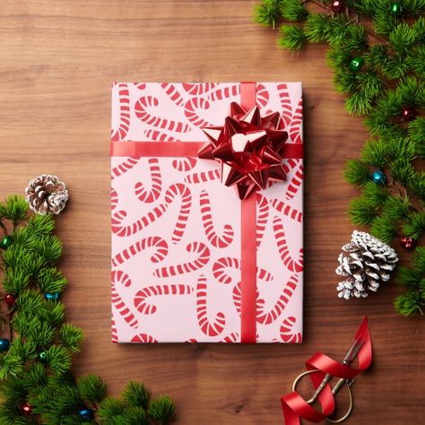 Pink And Red Christmas Wrapping, Pink And Red Christmas, Candy Cane Pattern, Pink Gift Wrap, Xmas Wrapping, Wrapping Inspiration, Christmas Wrap, Candyland Christmas, Gift Wrapping Inspiration