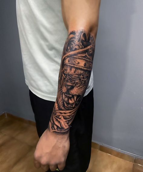 Forearm Cover Up Tattoos, Arm Tattoos For Guys Forearm, Lion Forearm Tattoos, Mangas Tattoo, Outer Forearm Tattoo, Cool Half Sleeve Tattoos, Half Sleeve Tattoos Drawings, Lion Tattoo Sleeves, Rose Tattoos For Men