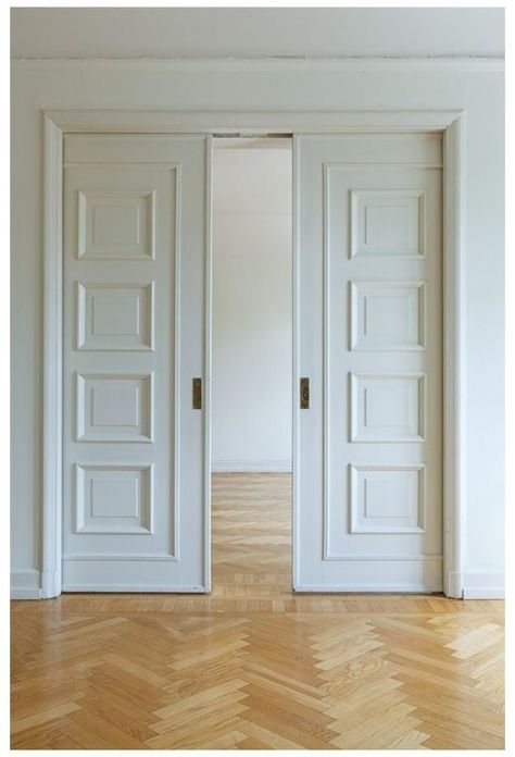 Double Pocket Doors, Big Doors, Sliding Pocket Doors, Double Sliding Doors, Sliding Doors Interior, Empty Room, White Doors, Plywood Furniture, Interior Barn Doors