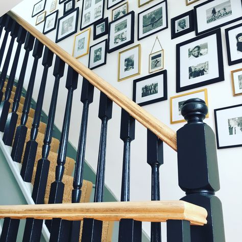 Dark Green Stair Banister, Black And Wood Bannister, Black Wood Banister, Black And Wood Banister, Natural Wood Banister, Black And Gold Staircase, Staircase Black Spindles, Stair Banister Paint Ideas, Wall Next To Stairs