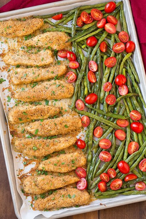 One Sheet Pan Roasted Garlic-Parmesan Chicken Tenders and Green Beans with Fresh Grape Tomatoes - Cooking Classy Dinners Chicken, Parmesan Chicken Tenders, Sheet Pan Dinners Chicken, Cooking Tomatoes, One Pan Dinner, Chicken Tenderloins, Pan Dinners, Sheet Pan Dinners, Sheet Pan Recipes