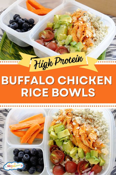 Rice Bowls For Lunch, Chicken Power Bowls, High Protein Buffalo Chicken, Buffalo Chicken Rice Bowl, Bowls For Lunch, Buffalo Chicken Rice, Rice Lunch, Chicken Rice Bowls, Cold Lunches