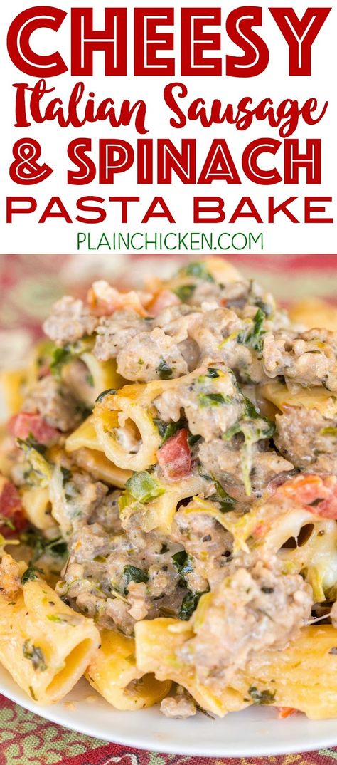 Sausage And Spinach Pasta, Cheesy Italian Sausage, Italian Sausage Pasta Bake, Bake Pasta, Sausage Spinach Pasta, Sausage Pasta Bake, Spinach Pasta Bake, Pasta Spinach, Sausage And Spinach