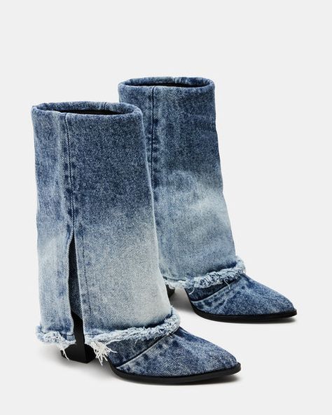 Steve Madden Denim Boots, Jean Boots Outfit, Denim Boots Outfit, Thigh High Boots Chunky, Wide Calf Thigh High Boots, Fabric Boots, Bold Statements, Boot Pulls, Boots Chunky