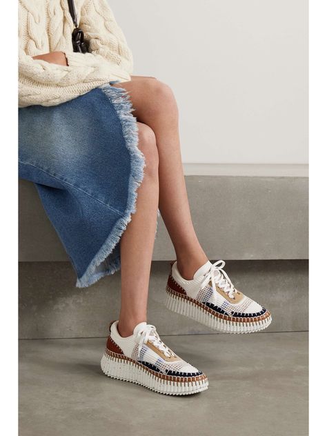 CHLOÉ + NET SUSTAIN Nama embroidered suede and recycled-mesh sneakers Chloe Nama Sneakers, Chloe Nama Sneaker Outfit, Burgundy Sneakers, Net Sustain, Burgundy Shoes, French Girl Style, Chloe Shoes, Mesh Sneakers, Luxury Sneakers