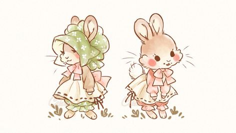 Celesse on Tumblr Animal Tea Party Illustration, Animals With Clothes Drawing, Bunny Character Design, Rabbit Cottagecore, Bunny Tea Party, Cottagecore Drawing, Cottagecore Art, Draw Cute, Bunny Drawing