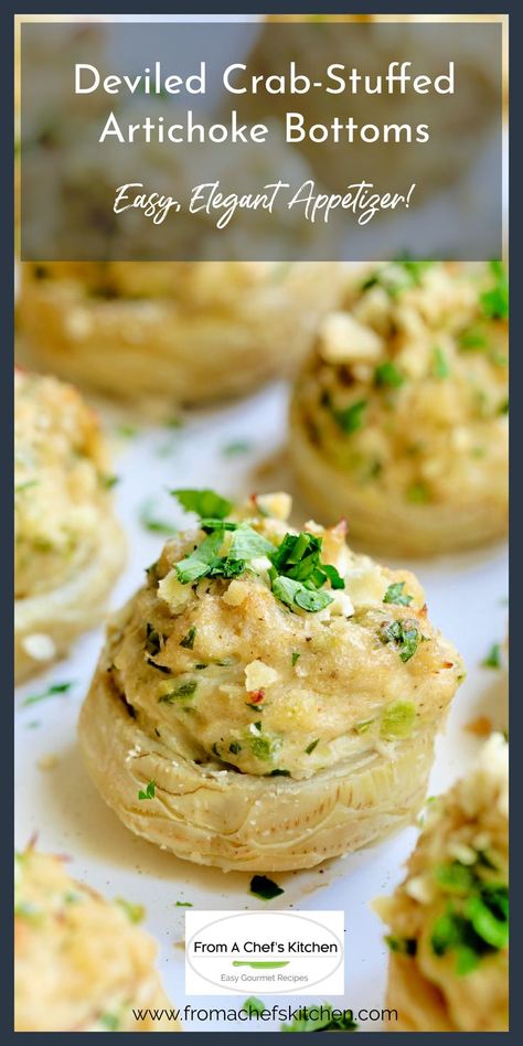 Deviled Crab-Stuffed Artichoke Bottom garnished with fresh parsley. Crab Stuffed Artichoke Bottoms, Artichoke Bottoms Recipes, Crab Appetizers, Artichoke Bottoms, Deviled Crab, Artichoke Appetizer, Chef Ramsey, Party Boards, Crab Appetizer