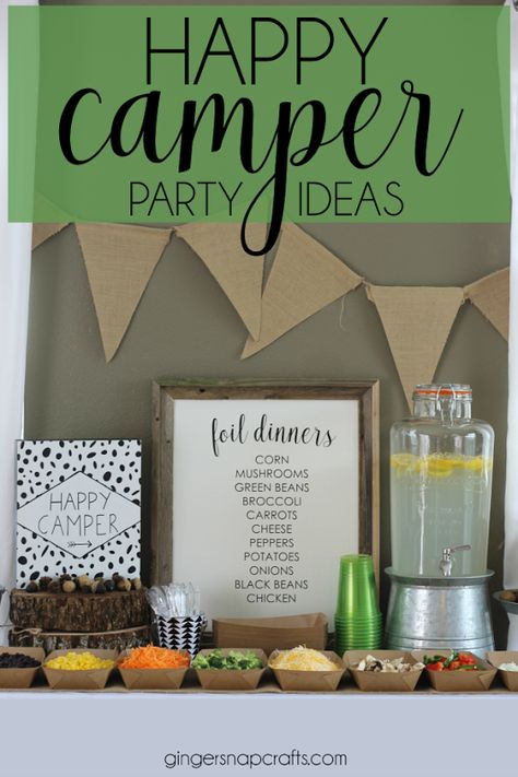 Happy Camper Party Ideas at GingerSnapCrafts.com #party #ideas #camping Vinyl Gift Ideas, Happy Camper Party, Outside Birthday, Camping Theme Birthday, Hunting Birthday, Foil Dinners, Zelda Birthday, Camping Theme Party, Retirement Party Decorations