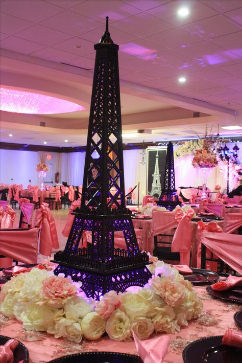 Paris Theme Flower Centerpieces, Pink And Black Paris Theme Party, Paris Themed Tablescapes, Paris Theme Wedding Decorations, Paris Sweet 16 Decorations, Night In Paris Theme Party Sweet 16, Night In Paris Theme Party Decorations, Paris Theme Sweet Sixteen, Paris Party Theme Decorations