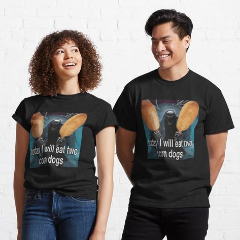 Get my art printed on awesome products. Support me at Redbubble #RBandME: https://www.redbubble.com/i/t-shirt/Today-I-Will-Eat-Two-Corn-Dogs-Dead-Skeleton-Funny-Corndog-Meme-by-fomodesigns/145002780.IJ6L0?asc=u Corn Dogs, Trending Topics, Phone Covers, Skeleton, Corn, Dad Hats, Heather Grey, Classic T Shirts, Classic Style