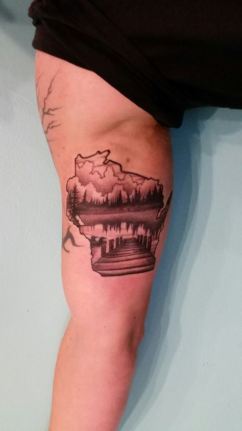 Wisconsin tattoo Wisconsin Tattoo Ideas, Lake Tattoo Ideas, Wisconsin Tattoo, Are Tattoos, Black Dragon Tattoo, 2024 Tattoo, Lake Tattoo, State Tattoos, Aesthetic Tattoos