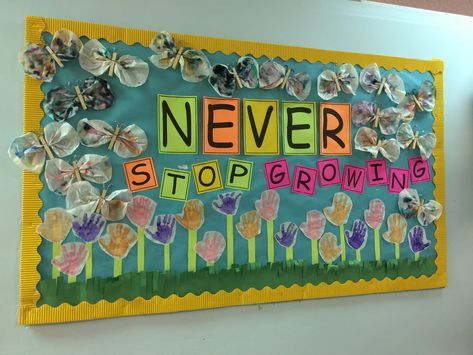 “Never stop growing”. #handprint flowers w/ #coffeefilterbutterflies. #toddlerclass #bulletinboard Never Stop Growing Bulletin Board, Growing Bulletin Board, Handprint Flowers, Never Stop Growing, Toddler Class, Bulletin Boards, Bulletin Board, Open House, Frame