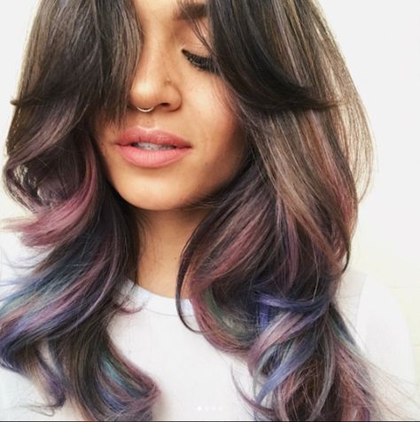 Unicorn Hair Dye On Dark Hair, Unicorn Highlights Hair, Fun Peekaboo Hair Color Ideas For Brunettes, Dark Unicorn Hair, Purple Hair Color Ombre, Indian Hair Cuts, Unicorn Hair Color, Dark Purple Hair, Blue Ombre Hair