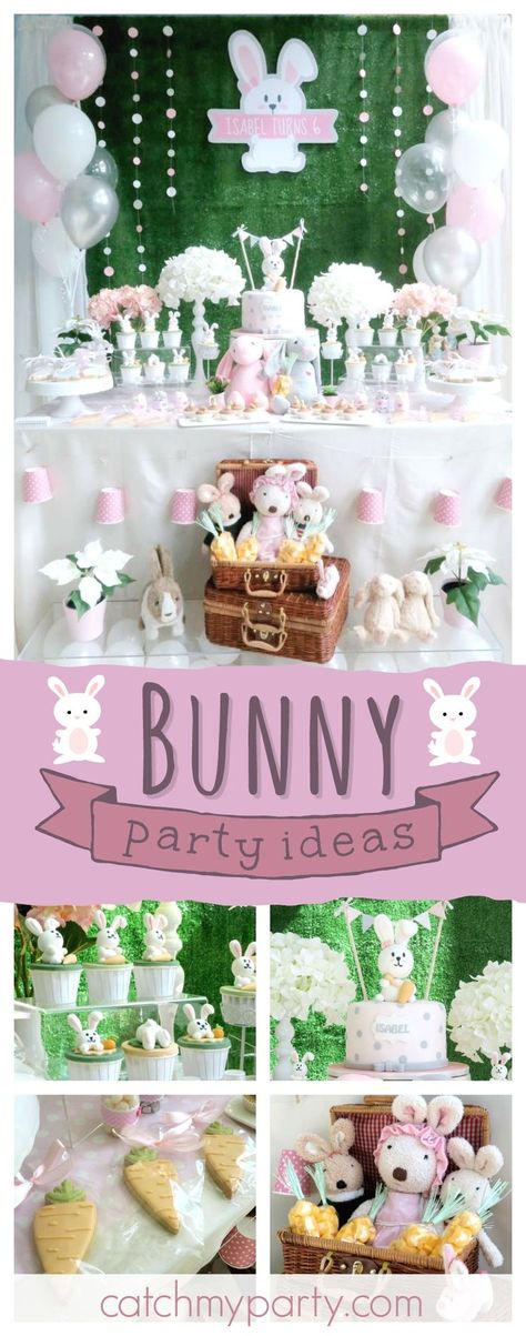 Check out this fun bunny themed birthday party! The bunny cupcakes are so cute!! See more party ideas and share yours at CatchMyParty.com #bunny #girlbirthday Rabbit Themed Birthday Party, Bunny Themed Birthday Party, Birthday Rabbit, Bunny Birthday Theme, Easter Birthday Party, Rabbit Theme, 18th Birthday Party Themes, Spring Birthday Party, Bunny Birthday Party