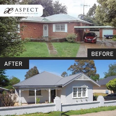 Colourbond roof, painted brick makeover on 1960s brick veneer Australian house 1960s Brick House Renovation, 1960s House Renovation Australia, Painted Brick House Australia, Painted Brick House Exterior Australia, Australian Brick House Exterior Makeover, 1960s Renovation, Colourbond Roof, Unit Renovation, Brick Makeover