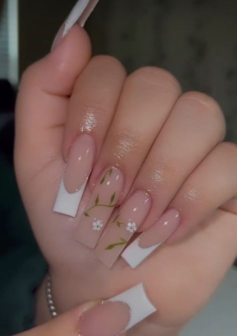 Butterfly Nails Acrylics French Tip, Mom Nail Ideas, Lavender Butterfly Nails Quince, White Butterfly Nails, French Tip Nails With Butterfly Charm, Pink Quince Nails Butterfly, Pink Butterfly And Flower Nails, Quinceanera Nails, Halloween Acrylic Nails