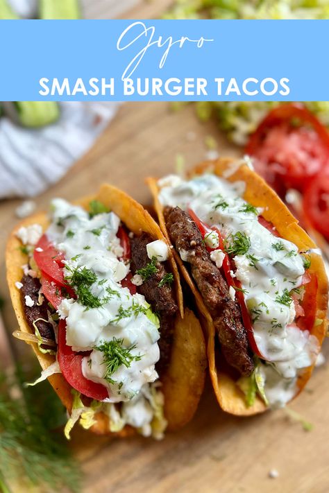 Two Gyro Smash Burger Tacos on a cutting board Gyro Smash Burger, Gyro Smash Taco, 2025 Recipes, Smash Tacos, Smash Burger Tacos, Luncheon Recipes, Burger Tacos, Food Mediterranean, Taco Wraps