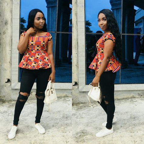 Ankara Blouse Styles For Jeans, Latest Ankara Top Styles, Ankara Blouse Styles, Top And Jeans Outfit, Ankara Top Styles, Ankara Trousers, Ankara Blouse, Jeans Outfit Ideas, Trendy Ankara Styles