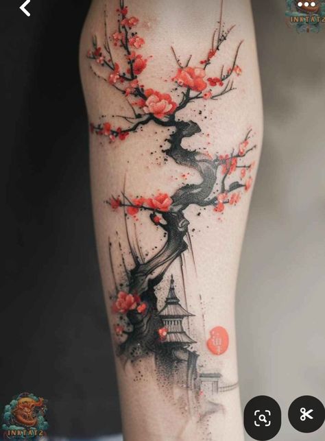 Flower Tree Tattoo, Japanese Cherry Blossom Tattoo Sleeve, Japanese Maple Tree Tattoo, Cherry Blossom Sleeve Tattoo, Asian Tattoo Designs, Cherry Tree Tattoo, Tree With Red Flowers, Cherry Tree Tattoos, Maple Tree Tattoos