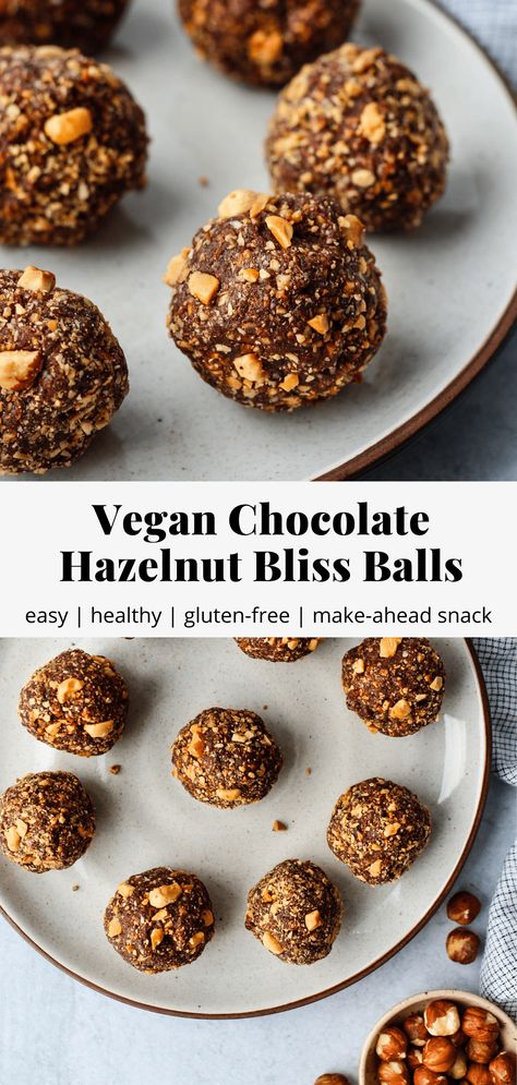 These 5-Ingredient Chocolate Hazelnut Bliss Balls are an easy & DELICIOUS make-ahead snack idea. They taste similar to Ferrero Rocher chocolates, but are made with simple, healthy ingredients. Vegan, gluten-free and packed with healthy fats and protein! #blissballs #energybites #chocolatehazelnut #healthysnack #mealprep Hazelnut Truffles, Vegan Hazelnut, Dark Chocolate Nutrition, Bake Easy, 100 Calorie, Energy Ball Recipe, Desserts Vegan, Energy Balls, Energy Bites