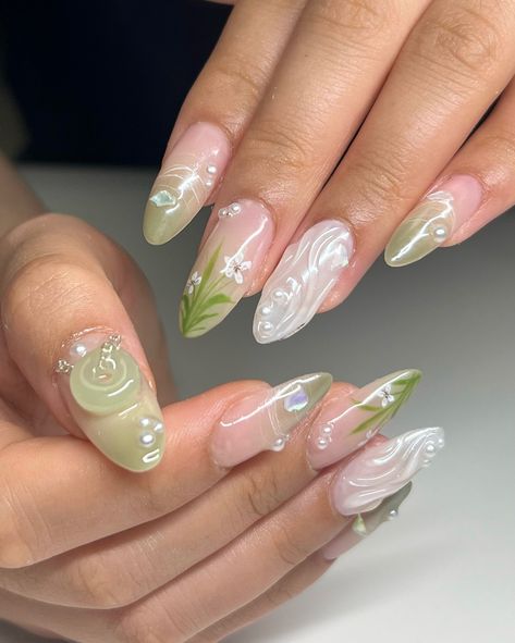 Jade tips 🎍 ✧ : *✧ ib @nailsby.tiff :* ✧ *✧: #gelnails #nailinspo #nailinspiration #nailart #naildesigns #nailartinspo #nailsoftheday #gelx #gelxnails #apresgelx #handpaintednails Jade Nails Almond, Fairy Nails Designs, Aesthetic Nail Design, Nail Art Aesthetic, Fairy Nails, Jade Nails, Aesthetic Nail, Nail Store, Design Nail