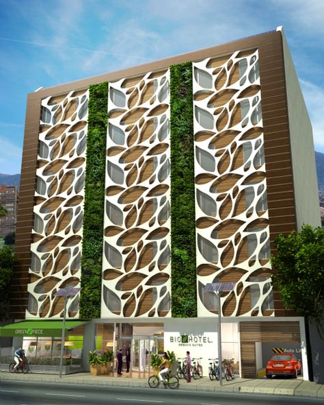 YEOW!: Colombian Bio Hotel Boasts a Beautiful Living Facade Modern Hospital Architecture, Wall Gardening, Artificial Wall, Mall Facade, Hotel Facade, Wall Green, Green Facade, Hospital Design, Hotel Interior Design