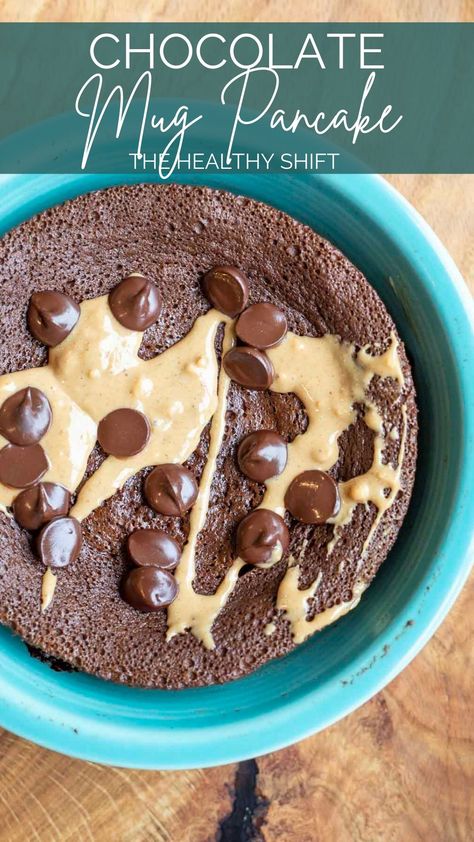 This chocolate mug pancake is a decadent high protein breakfast that you can throw together in less than five minutes! This healthy chocolate treat is sure to keep you satisfied until lunch. #thehealthyshift #mugpancake #glutenfree #breakfast Mug Pancake, Healthy Chocolate Treats, Banana Uses, Chocolate Pancakes, Chocolate Mug Cakes, Chocolate Mugs, High Protein Breakfast, Dairy Free Milk, Protein Recipes