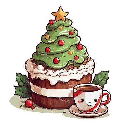 Coffee Cup Illustration, Xmas Clipart, Parties Decorations, Christmas Tree Cupcakes, Cake Clipart, Coffee Clipart, Cupcake Drawing, Cartoon Christmas Tree, Cake Drawing