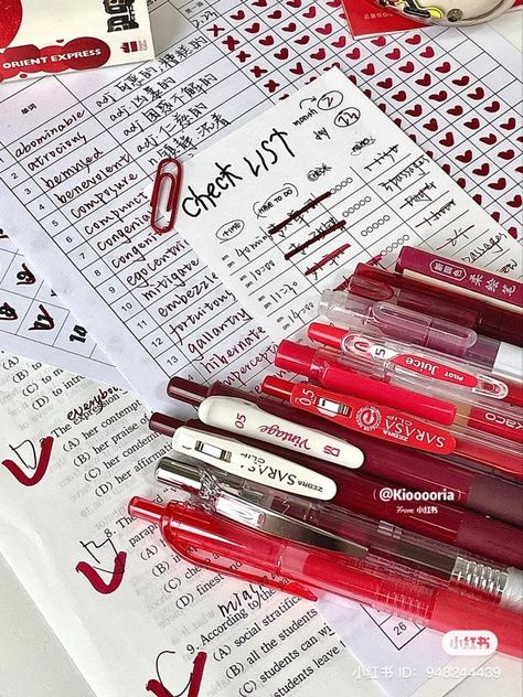 Red Pens Aesthetic, Red Stationary Aesthetic, Red School Supplies Aesthetic, Red Notes Aesthetic, Red Pen Aesthetic, Study Red Aesthetic, Study Supplies Aesthetic, Korean School Supplies Aesthetic, Stationary Supplies Korean Stationery