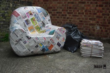 The mould used to manufacture this paper macher armchair was inflatable. Once the120 layers of newspaper had been layered onto the mould the inflatable was removed after it dried. The product was meant to highlights mass consumption and also makes effective use of waste material. Paper Mache Furniture Diy, Papermache Structure, Paper Mache Chair, Paper Mache Furniture, Armature Sculpture, Recycle Design, Tetra Pak, Paper Architecture, Paper Mache Art