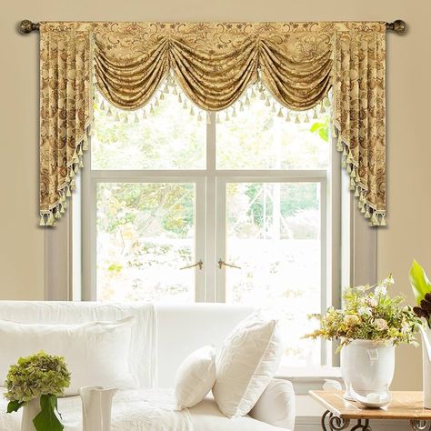 Amazon.com: Loom and Mill Luxury Waterfall Valances for Windows, Elegant Jacquard Thick Swag Waterfall Curtains Valance with Tassels for Living Room, Bedroom Party Banquet Decorations (Yellow, W59 Inch, 1 Panel) : Home & Kitchen Valances For Windows, Valances For Living Room, Waterfall Valance, Swag Curtains, Window Curtains Bedroom, Banquet Decorations, Curtain Valance, Bedroom Windows, Valances