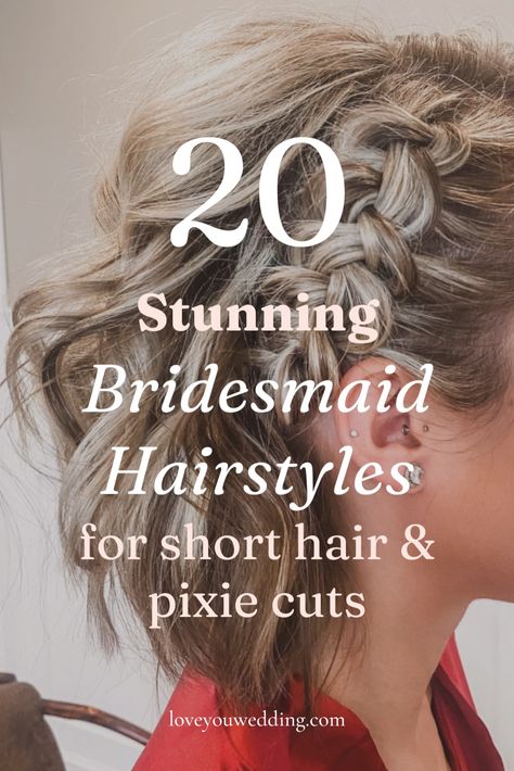 Find the perfect bridesmaid hairstyles for short hair with our collection of 20 stunning short bridesmaid hair ideas for wedding updos, half up half down, long wedding hair, and more, we have the best wedding hair ideas for pixie cuts, short hair, chin length hair, or shoulder length hair. These short wedding hairstyles are the perfect bridesmaid hairstyle inspiration for your wedding day beauty. Fancy Hairstyles For Chin Length Hair, Formal Hairstyles For Chin Length Hair, Short Hair Wedding Hairstyles Bridesmaid, Wedding Hair For Bob Haircut, Short Hair Styles For Bridesmaid, Half Up Wedding Hair Short, Short Bridal Hair With Bangs, Bridesmaid Hair For Short Hair, Bridesmaids Hairstyles For Short Hair