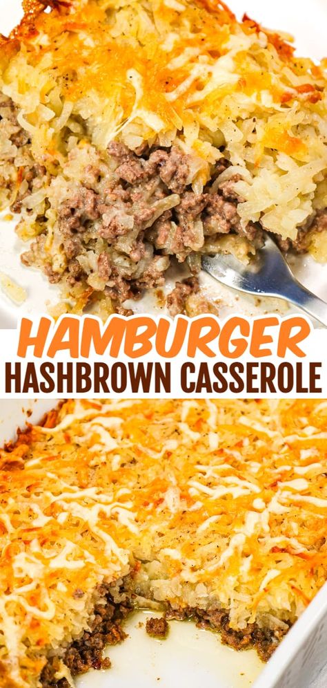 Hamburger Hash Brown Casserole, Hamburger Hashbrown Casserole, Hamburger Hashbrown, Shredded Hashbrown Recipes, Hamburger Hash, Easy Ground Beef Casseroles, Cheesy Ground Beef, Hashbrown Casserole Recipe, Hamburger Casseroles Recipes