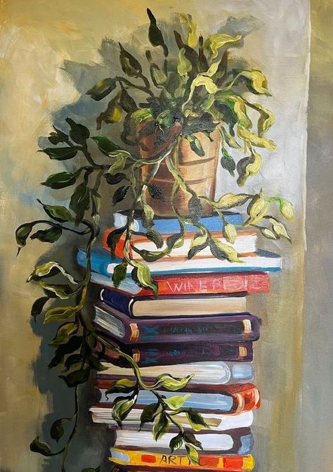 Still Life With Books, Still Life Acrylic Painting, Books And Plants, Acrylic Painting Inspiration, Canvas Drawings, Painting Art Lesson, Watercolor Flower Art, Plant Painting, Painting Still Life