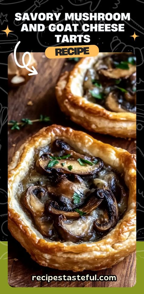 These elegant savory tarts feature earthy mushrooms, creamy goat cheese, and sweet caramelized shallots, all nestled in flaky puff pastry. Perfect as an appetizer, side dish, or light main course, they’re sure to be a hit for any occasion! #MushroomTarts #GoatCheese #Shallots #PuffPastry #SavoryTarts #VegetarianRecipes #AppetizerIdeas #PartyFood #ElegantRecipes Mushroom Tart Puff Pastry, Tart Puff Pastry, Mushroom Tarts, Goat Cheese Tarts, Mushroom Tart, Savory Tarts, Puff Pastry Appetizers, Goat Cheese Tart, Creamy Goat Cheese