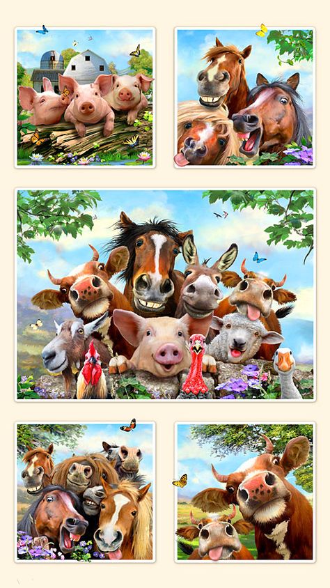 Farm Selfies - Barnyard Playmates - Cream - 24" x 44" PANEL-Quilt Fabrics from www.eQuilter.com Animal Selfie, Animal Selfies, Panel Fabric, Sewing Stuffed Animals, Barnyard Animals, Owl Painting, Panel Quilts, Arte Animal, Quilt Patterns Free