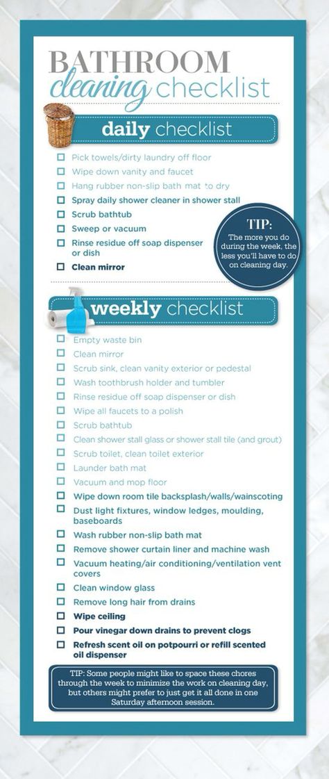 Bathroom cleaning checklist Cleaning Bathroom Checklist, Bathroom Cleaning Schedule, Bathroom Checklist, Bathroom Cleaning Checklist, Daily Shower Cleaner, Daily Cleaning Checklist, Cleaning Bathroom, How To Clean Mirrors, House Cleaning Checklist