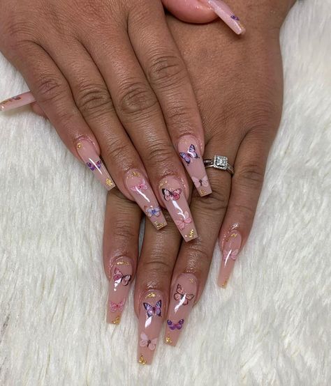 Nude Nails With Butterflies, Butterfly Sticker Nails, Butterfly Acrylic Nails, Art Recreation, Vacay Nails, Acrylic Nails Nude, Butterfly Designs, Nails Nude, Long Acrylic Nails Coffin