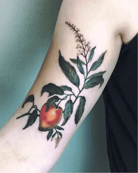 Mango Flower Tattoo, Mango Branch Tattoo, Mango Tree Tattoo, Guava Tattoo, Mango Tattoo, Charlie Tattoo, Mango Flower, Branch Tattoo, Chic Tattoo