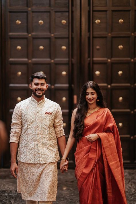 Engagement Attire For Indian Couple, Groom Indian Engagement Outfits, Engagement Clothes For Couple Indian, Sarees For Engagement Brides, Indian Reception Outfit Bridal Saree, Bride Engagement Outfit Indian, Engagement Saree Look Indian, Engagement Dress Ideas Indian, Engagement Clothes For Couple