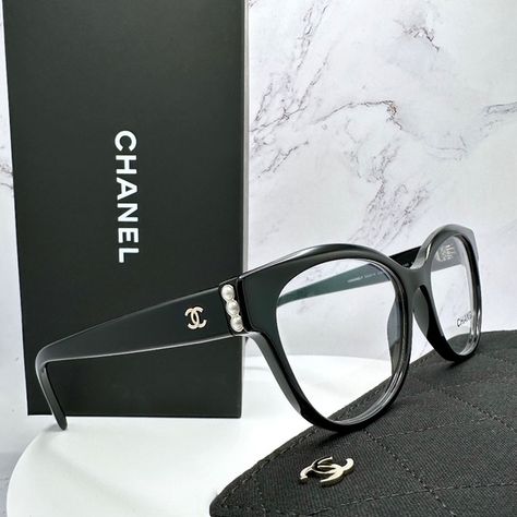 Chanel Eyeglasses New Black Frame Gold CC Pearls Rx-able 53-16-140mm Chanel Pearl Sunglasses, Chanel Eyeglasses, Chanel Glasses, Chanel Black And White, Chanel Top, Chanel Camellia, Chanel Box, Chanel Collection, Fashion Eye Glasses