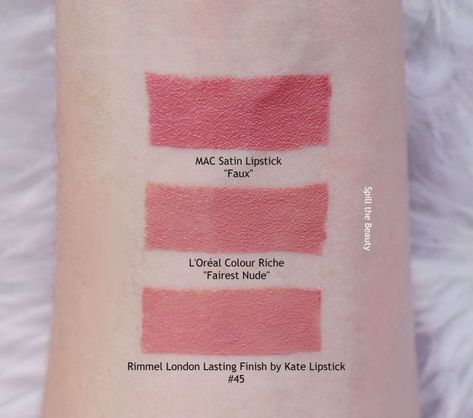 loreal colour riche fairest nude swatches comparison dupe Mac Faux, Loreal Lipstick, Lip Swatches, Rimmel London, Satin Lipstick, Lipstick Swatches, Nude Lipstick, Rimmel, Lipsticks