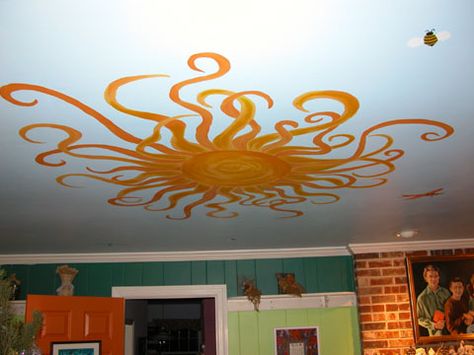 On my fence or my ceiling Diy Sun Painting On Wall, Sun Painted On Ceiling, Sun Wall Murals Painted, Ceiling Tiles Ideas Painting, Ceiling Tile Painting Ideas, Ceiling Mural Ideas, Ceiling Art Ideas, Sun Wall Painting, Bedroom Murals Painted Diy