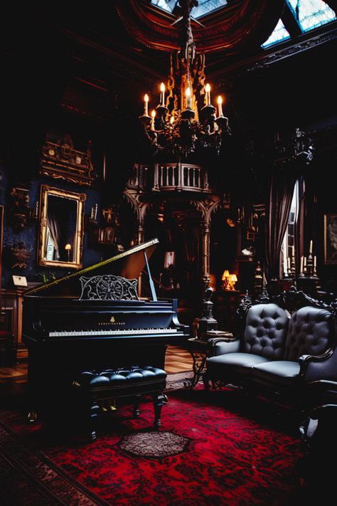 Gothic Living Room Ideas Victorian, Grand Piano Aesthetic, Vintage Goth Aesthetic, Chandelier Victorian, Vampire Room, Gothic Home Interior, Victorian Gothic Home Decor, Intricate Woodwork, Vampire House