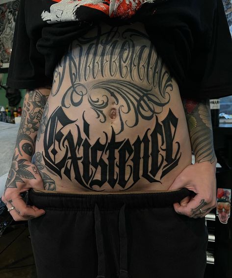 Cholo Tattoo, Tattoo Stomach, Tattoo Letters, Tummy Tattoo, Abstract Tattoo Ideas, Tattoo Lettering Design, Clever Tattoos, Intricate Tattoo, Creepy Tattoos