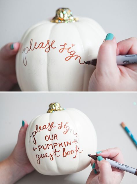 DIY Wedding // faux pumpkin guest book -- perfect for a fall wedding! Pumpkin Guest Book, Diy Fall Wedding Decorations, October Baby Showers, Halloween Baby Shower Theme, Fall Wedding Diy, Halloween Themed Wedding, Festive Dinner, Faux Pumpkins, Pumpkin Fall Decor