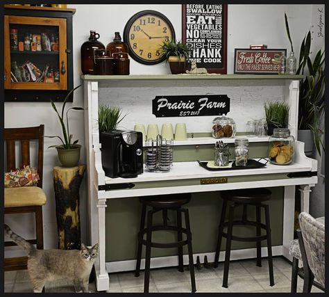 How awesome is this?  An old broken down piano was turned into this cute coffee bar area.  #diy #pianomakeover #repurpose Piano Coffee Bar, Piano Desk, Piano Ideas, Piano Decor, Old Pianos, Coffee Bars In Kitchen, Home Coffee Bar, Coffee Bar Home, Estilo Country