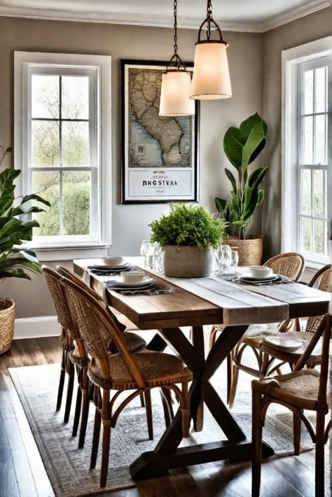 Crossback chairs and natural decor in a farmhouse dining space Farmhouse Tabletop, Crossback Chairs, Natural Decor, Rustic Retreat, Cozy Farmhouse, Live Edge Table, Farmhouse Dining Room, Farmhouse Dining, Traditional Kitchen