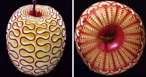 Artist Creates Beautiful Patterns On Fruits And Vegetables By Hand-Carving Intricate Designs | Bored Panda Apple Carving, Yellena James, Food Sculpture, Fruit And Vegetable Carving, Food Artists, Vegetable Carving, Popular Crafts, Food Carving, Fruit Carving